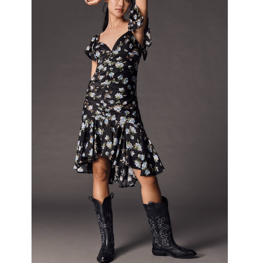 Anthropologie Sweatheart Ruched Drop Waist Floral Mermaid Dress Black Blue Small